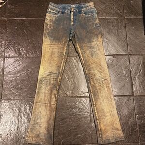 Cache Distressed Blue and Gold Boot Cut Jeans